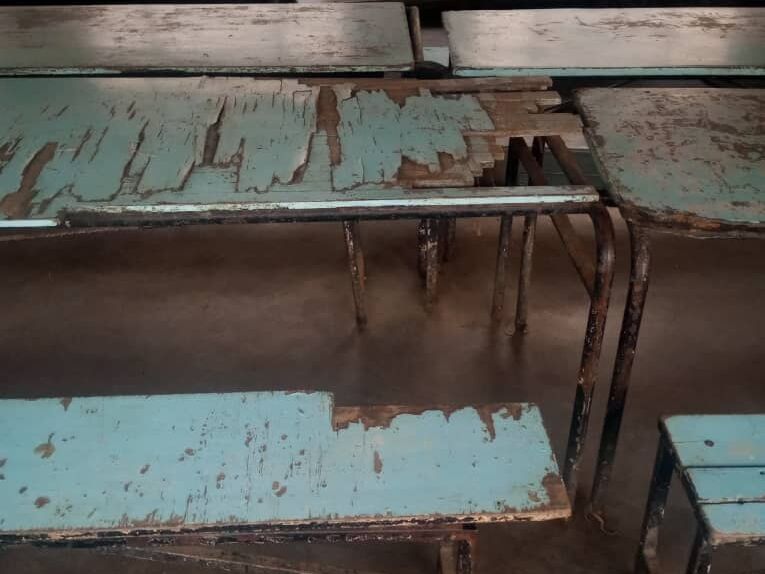 Destroyed school desks