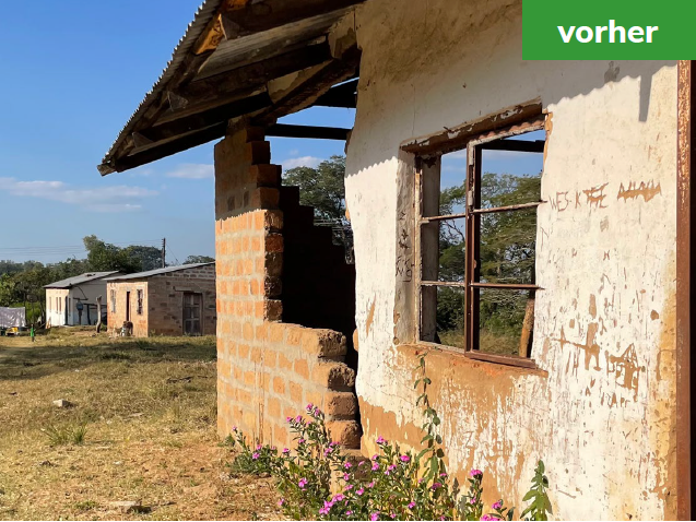 An abandoned, damaged building with partially collapsed walls and broken windows. Labeled 'before'.
