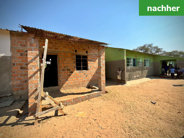 A renovated building with new walls and windows, surrounded by a clean environment. Labeled 'after'.