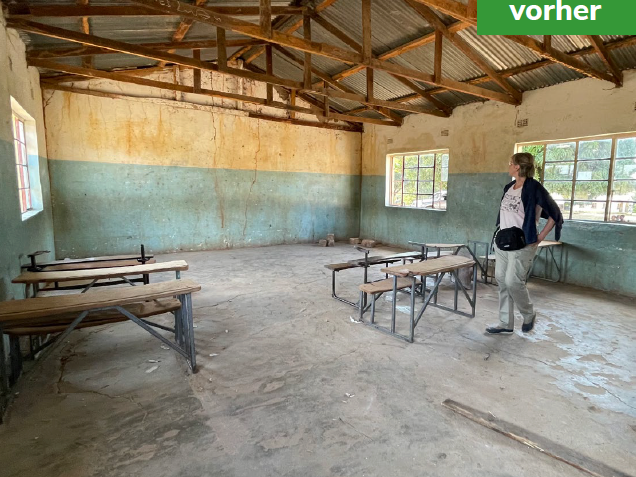 A deserted, empty classroom with damaged walls and old benches. Labeled 'before'.