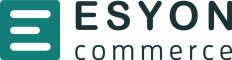 A logo featuring a teal square with three white horizontal lines on the left, next to the grey text ESYON commerce