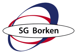 Logo of the sports club SG Borken with the lettering in a white oval shape, surrounded by red and blue overlapping bands