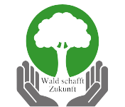 Logo featuring hands holding a green circle with a white tree and the text "Wald schafft Zukunft"